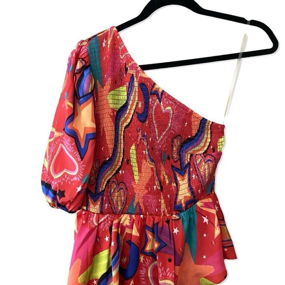 ALDEN ADAIR Stargazing Dress One Shoulder Red Print Asymetrical Satin NWT S - Picture 8 of 14